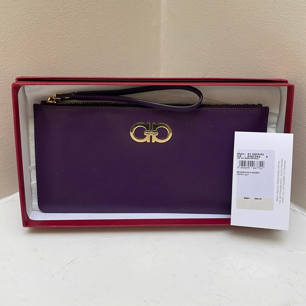 Authentic Salvatore Ferragamo Gancini Wristlet Clutch Purple
